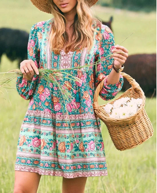 Teal Rose Dream Boho Floral Print Mini Dress
