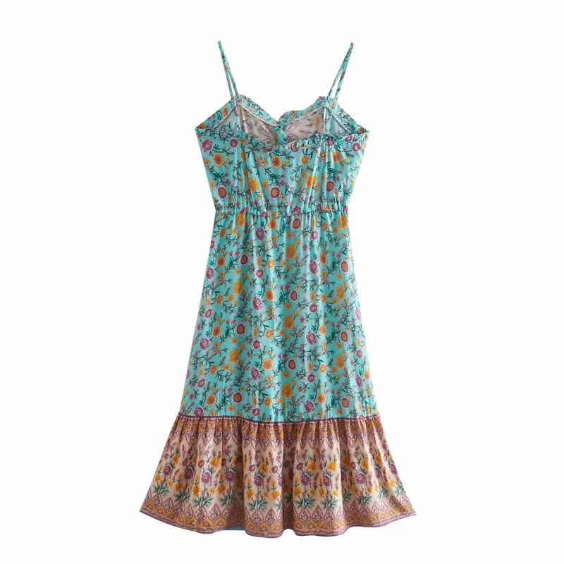 Teal Bloom Boho Floral Print Midi Dress
