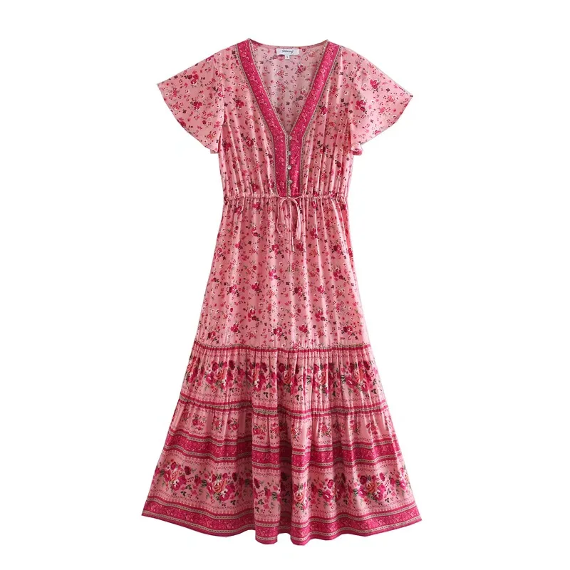 Romantic Rose Boho Floral Print Midi Dress