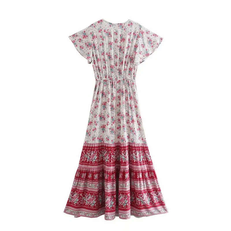 Red Rosebud Boho Floral Print Maxi Dress