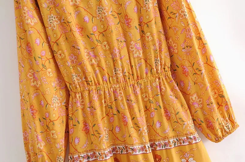 Golden Daffodil Boho Floral Print Mini Dress
