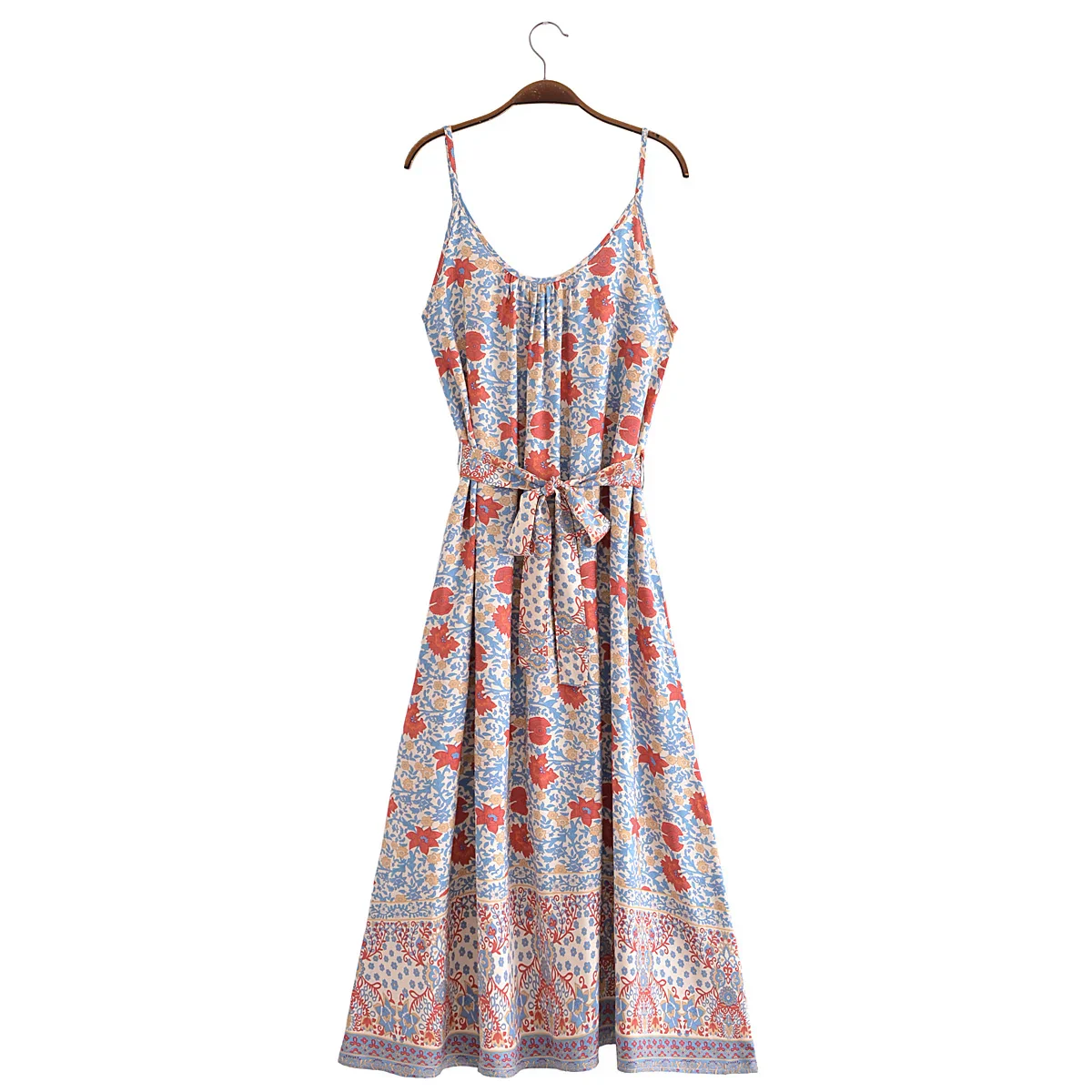 Tranquil Blue Boho Floral Print Maxi Dress