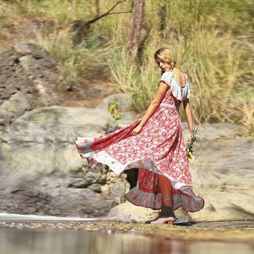 Romantic Red Boho Floral Print Maxi Dress