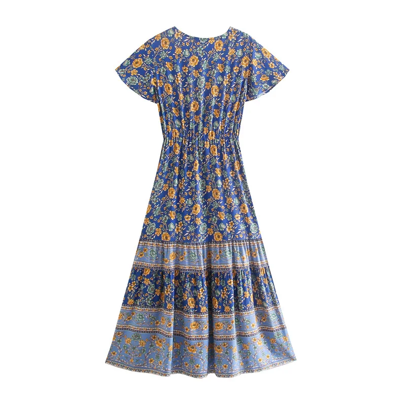 Sapphire Meadow Boho Floral Print Midi Dress