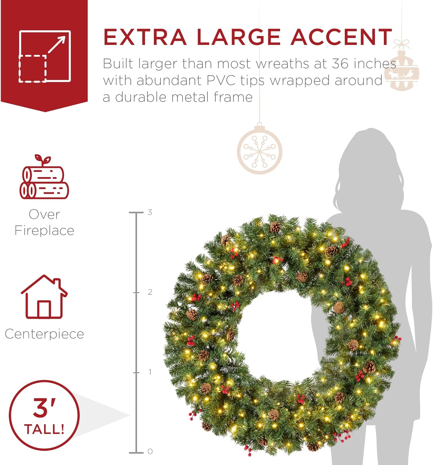 Best Choice Products 60in Large Artificial Pre-Lit Fir Christmas Wreath Holiday Accent Decoration w/ 375 Multicolor Lights, 930 PVC Tips