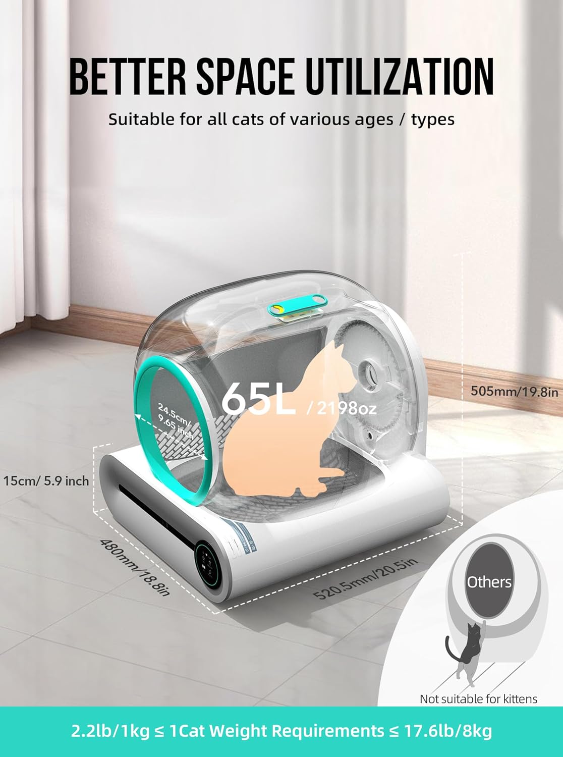 Self Cleaning Cat Litter Box, Automatic Cat Litter Box with Mat & Liners, 65L+9L Large Capacity Self Cleaning Litter Box, APP Control/Suitable for Multiple Cats【Optimized Version】