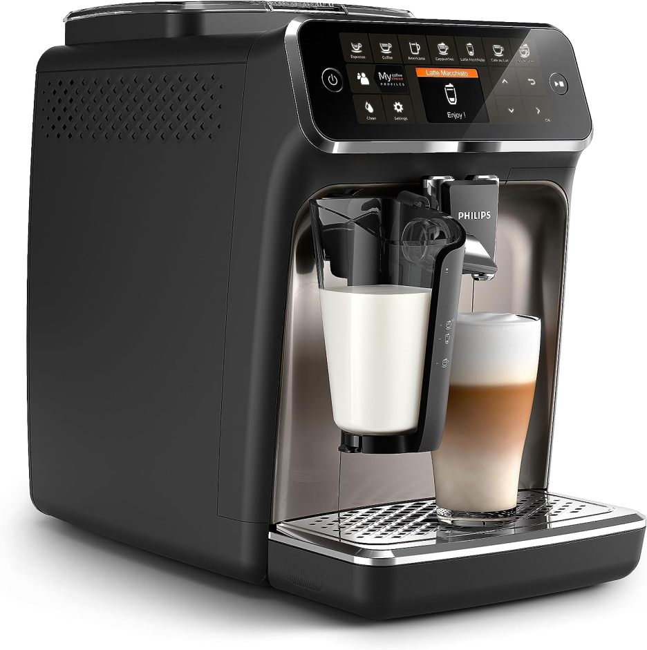Philips 4300 Series fully automatic espresso machine - LatteGo milk frother, 8 coffee varieties, intuitive touch display, black, (EP4347/94)