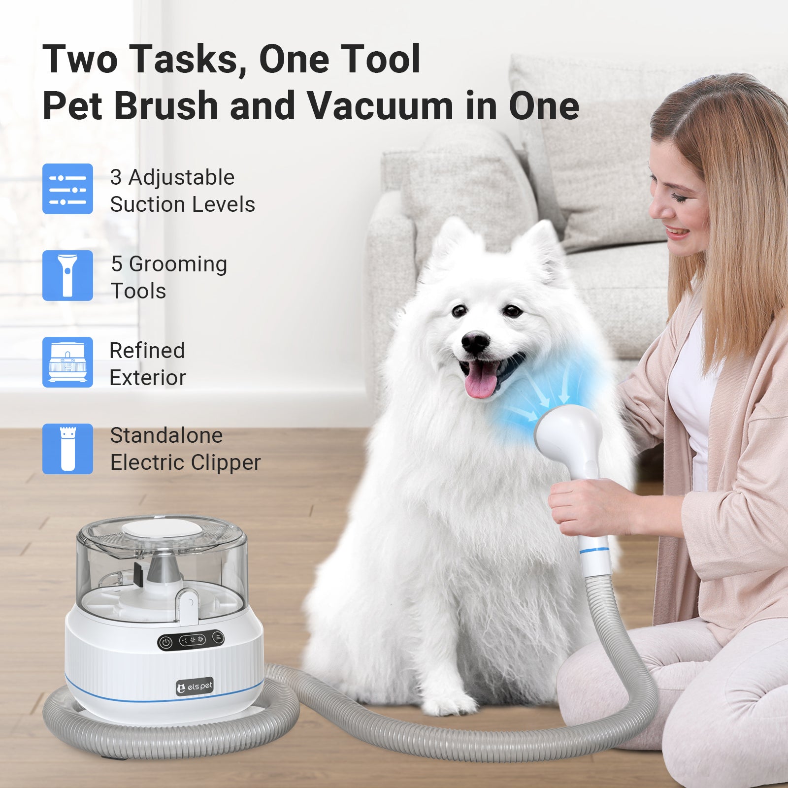Pet Grooming Vacuum Kit with 5 Grooming Tools