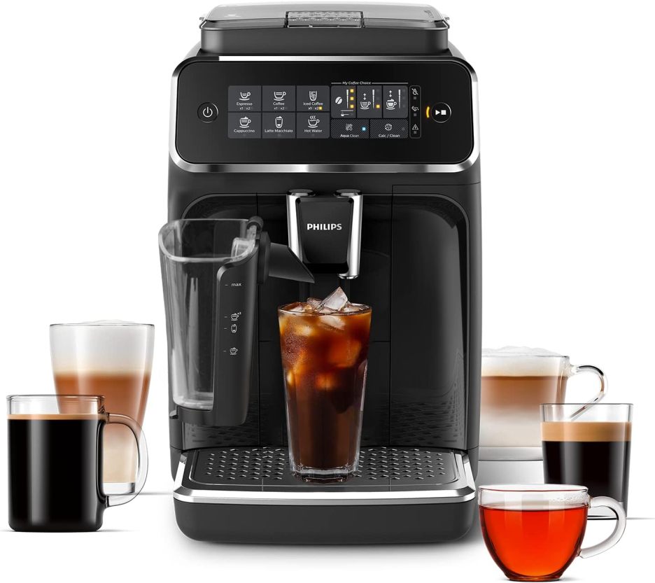 Philips 3200 Series fully automatic espresso machine - LatteGo milk frother and iced coffee, 5 coffee varieties, intuitive touch display, black, (EP3241/74)